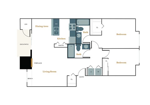 A floor plan of a house with a living room, dining area, kitchen, two bedrooms, and a pantry.